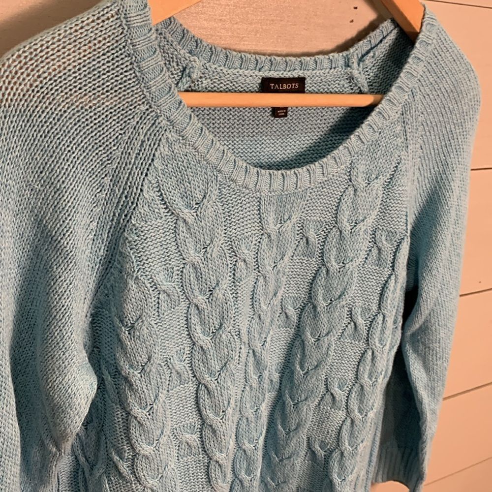 Talbots light blue cable knit linen cotton blend sweater size medium spring - Picture 4 of 9